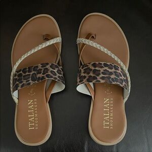 Italian Shoemakers Tan Slides with Leopard Strap and Rhinestone Accent